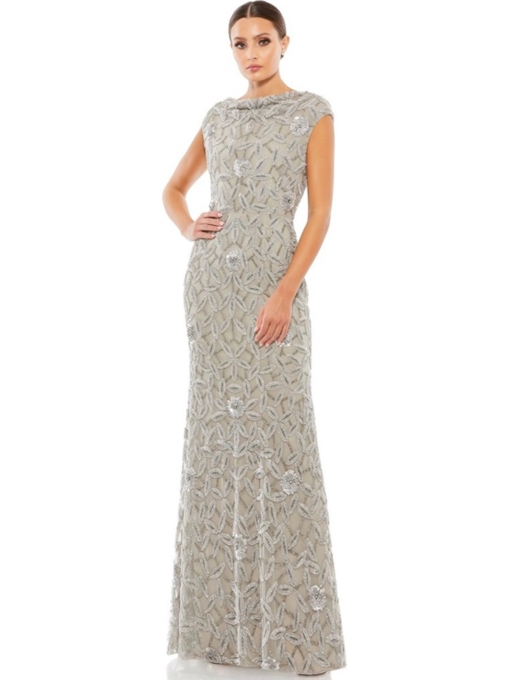 MAC DUGGAL Sequin Sparkle Embellished Cowl Neck Gray Gown Dress NEW Size 14